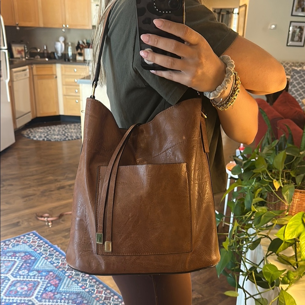 Brown Faux Leather Women's Bucket Bag